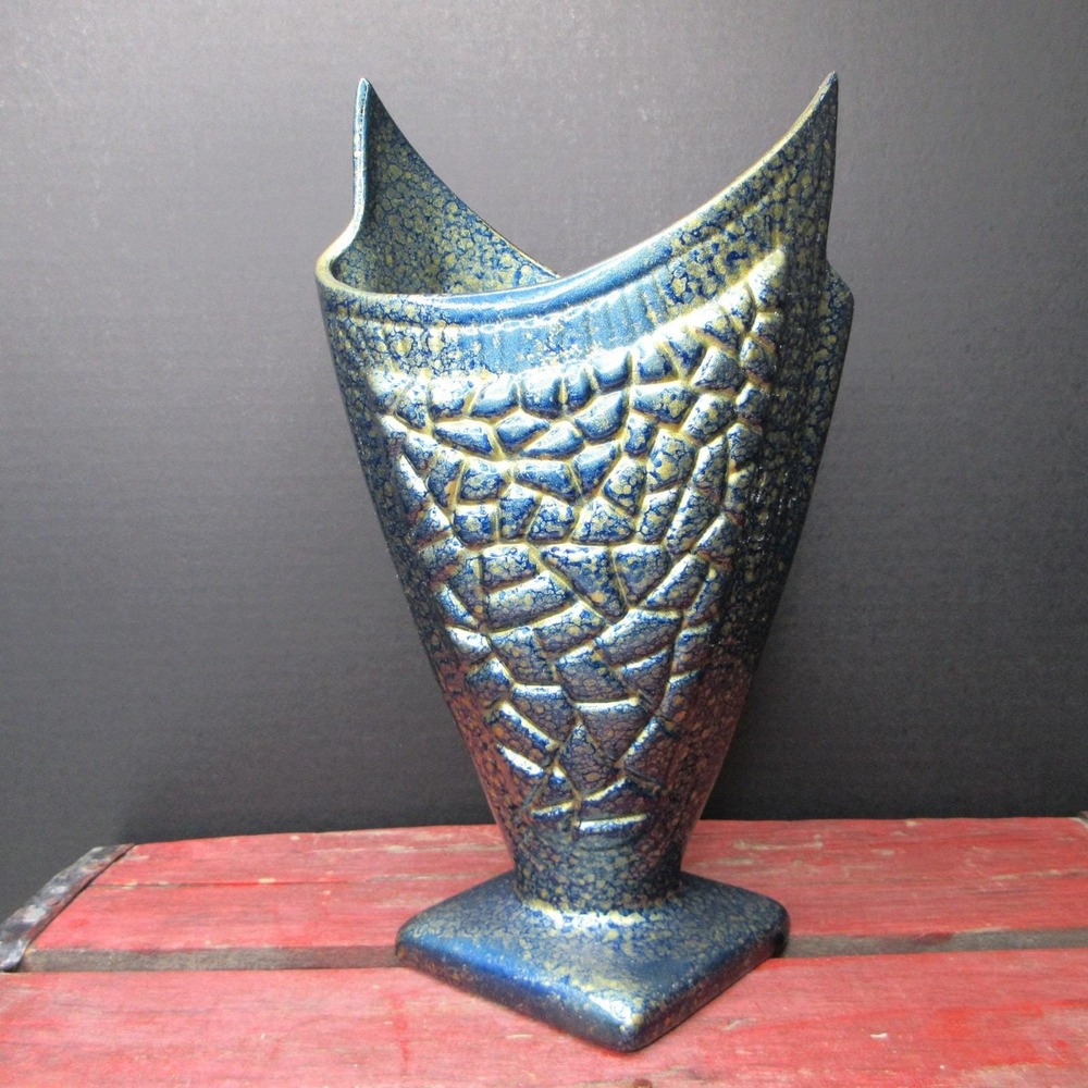 VTG MCM Mid Century‎ Blue Gold Speckled Textured Atomic Space Art Pottery Vase